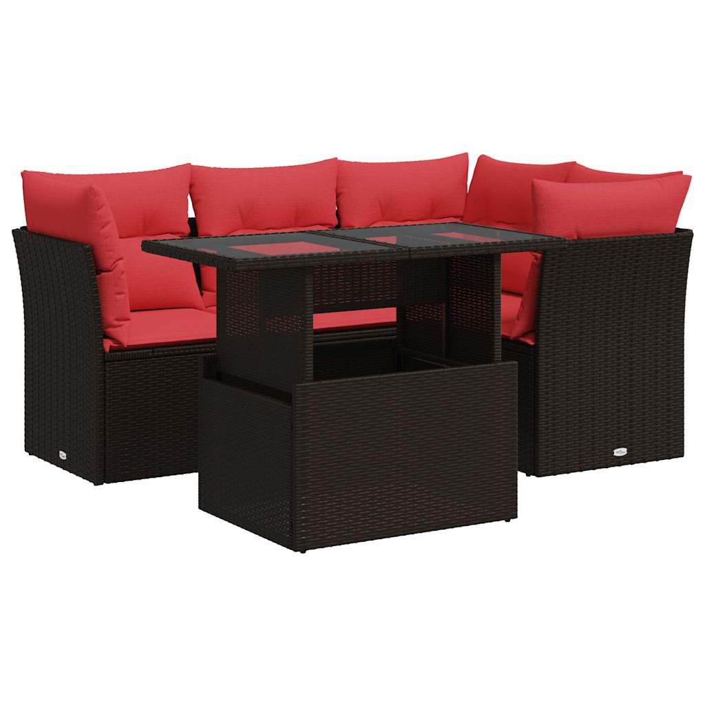 5 Piece Garden Sofa Set with Cushions Brown Poly Rattan Acacia