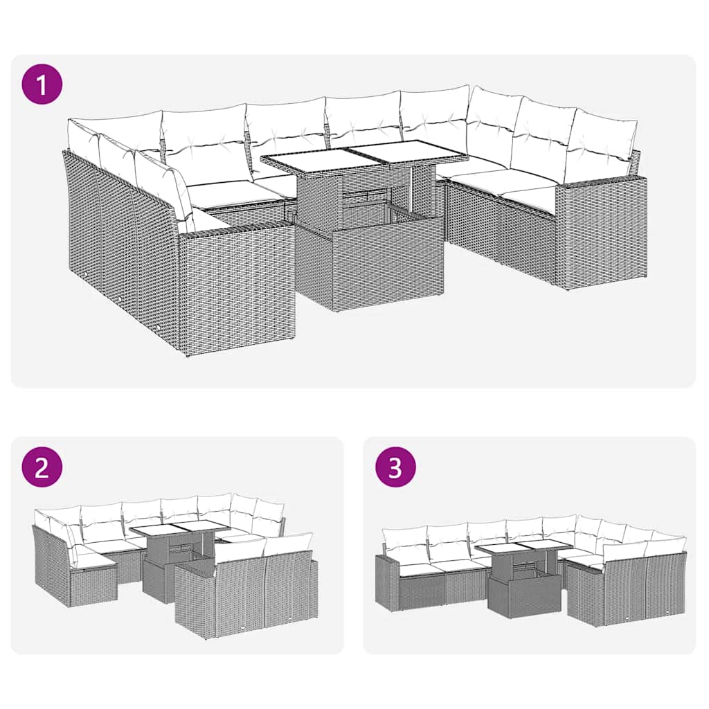 10 Piece Garden Sofa Set with Cushions Grey Poly Rattan Acacia