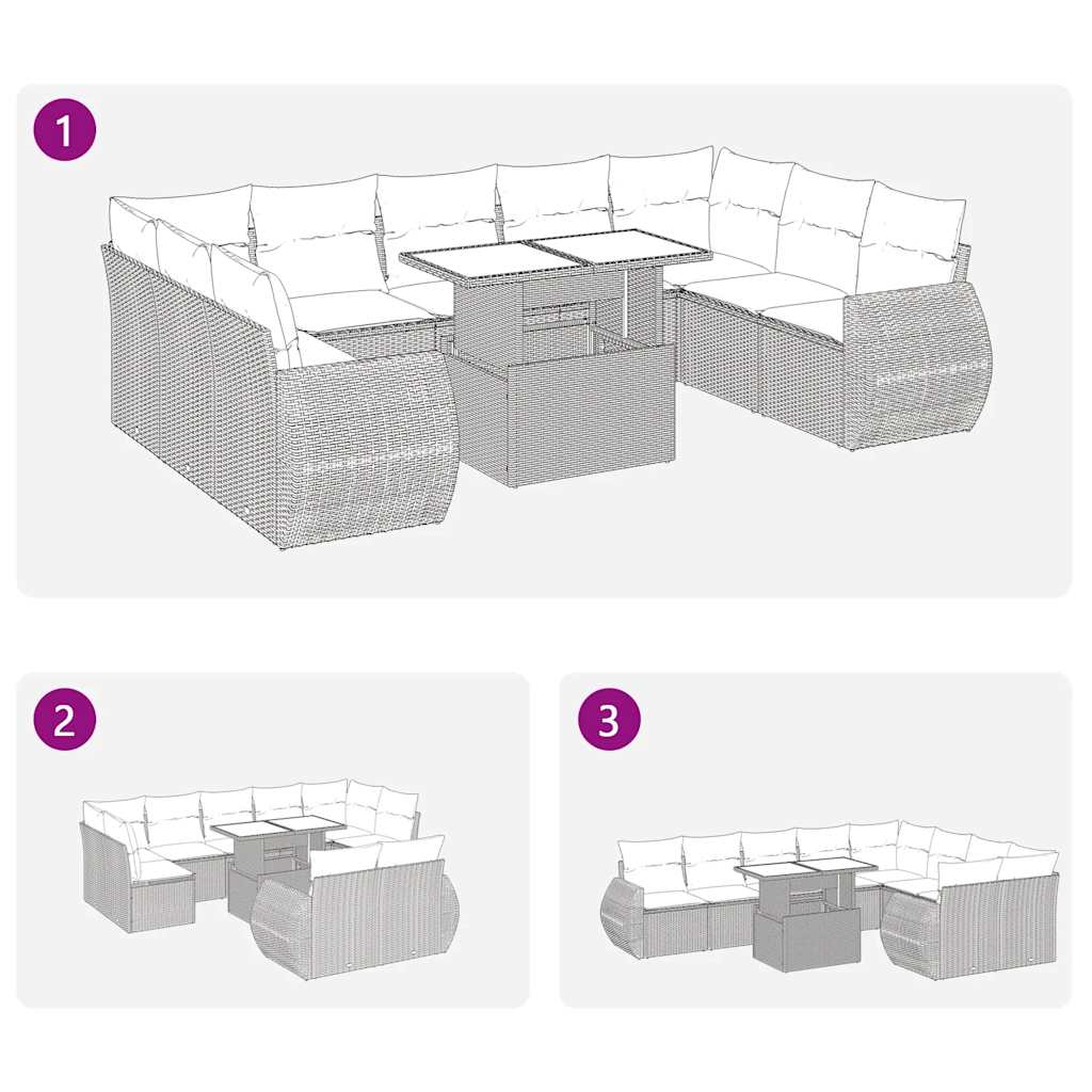 10 Piece Garden Sofa Set with Cushions Grey Poly Rattan Acacia