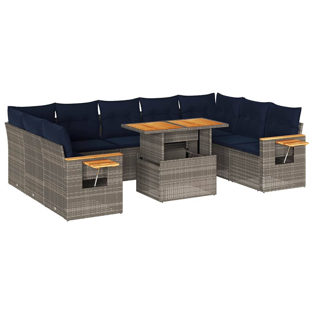 10 Piece Garden Sofa Set with Cushions Grey Poly Rattan Acacia
